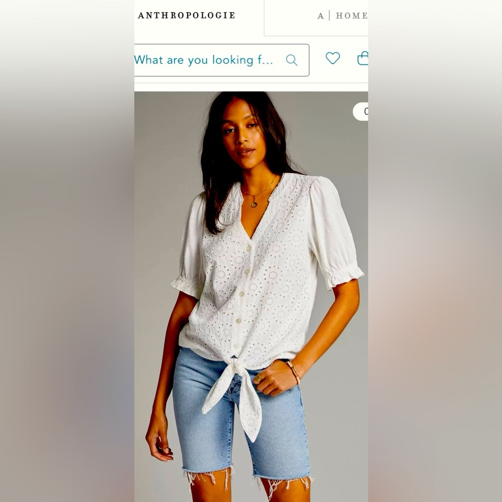 Anthropologie Porridge White Eyelet Blouse with Tie-Front Sz L